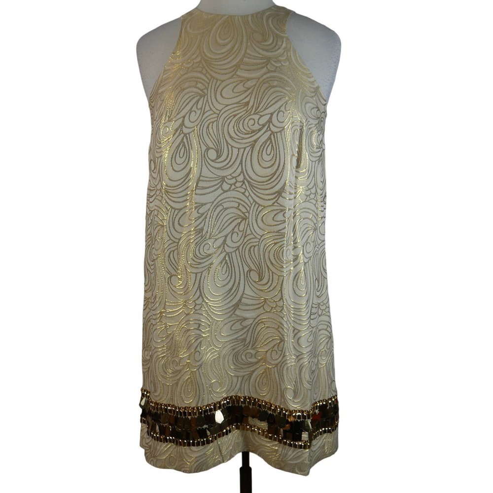 Lilly Pulitzer Diedra Dress In Gold Metallic Tidal Wave Jacquard Size Small EUC